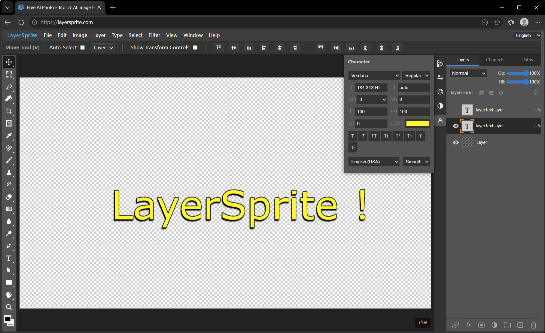 LayerSprite free AI photo editor interface showing PSD layer editing, blending modes, and AI image tools in a browser